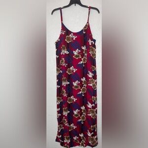 Vintage Blue Sky Red White Floral Maxi Slip Tank Sun Dress Beach Tropical XLG